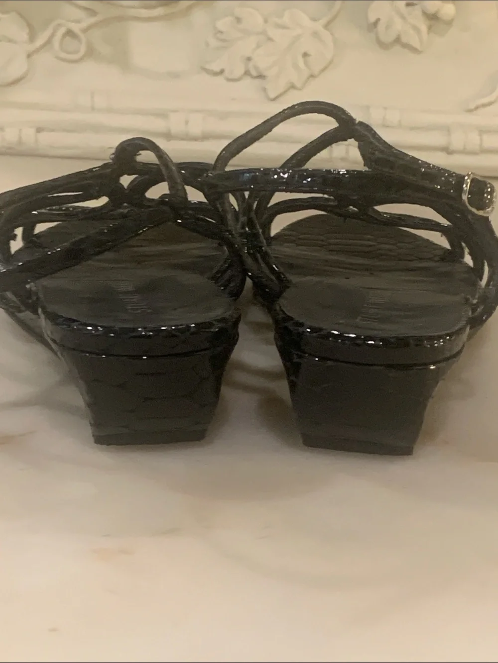 Stuart Weitzman black snake-embossed strappy low-wedge sandals Size 8